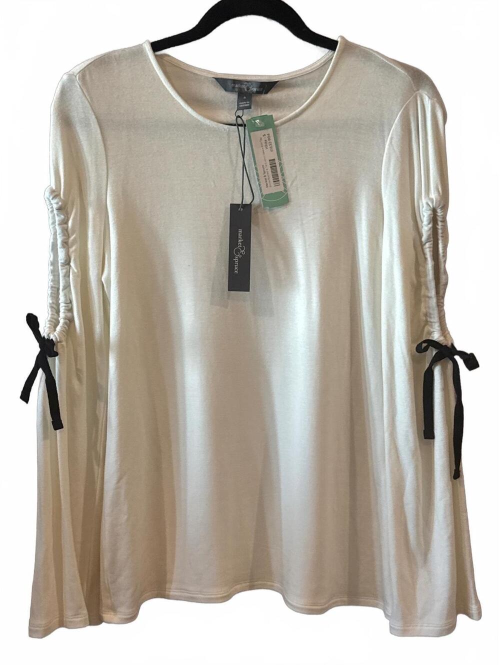 Market & Spruce White Knit Long Sleeve Top with Side Ruched Sleeves and Black B2